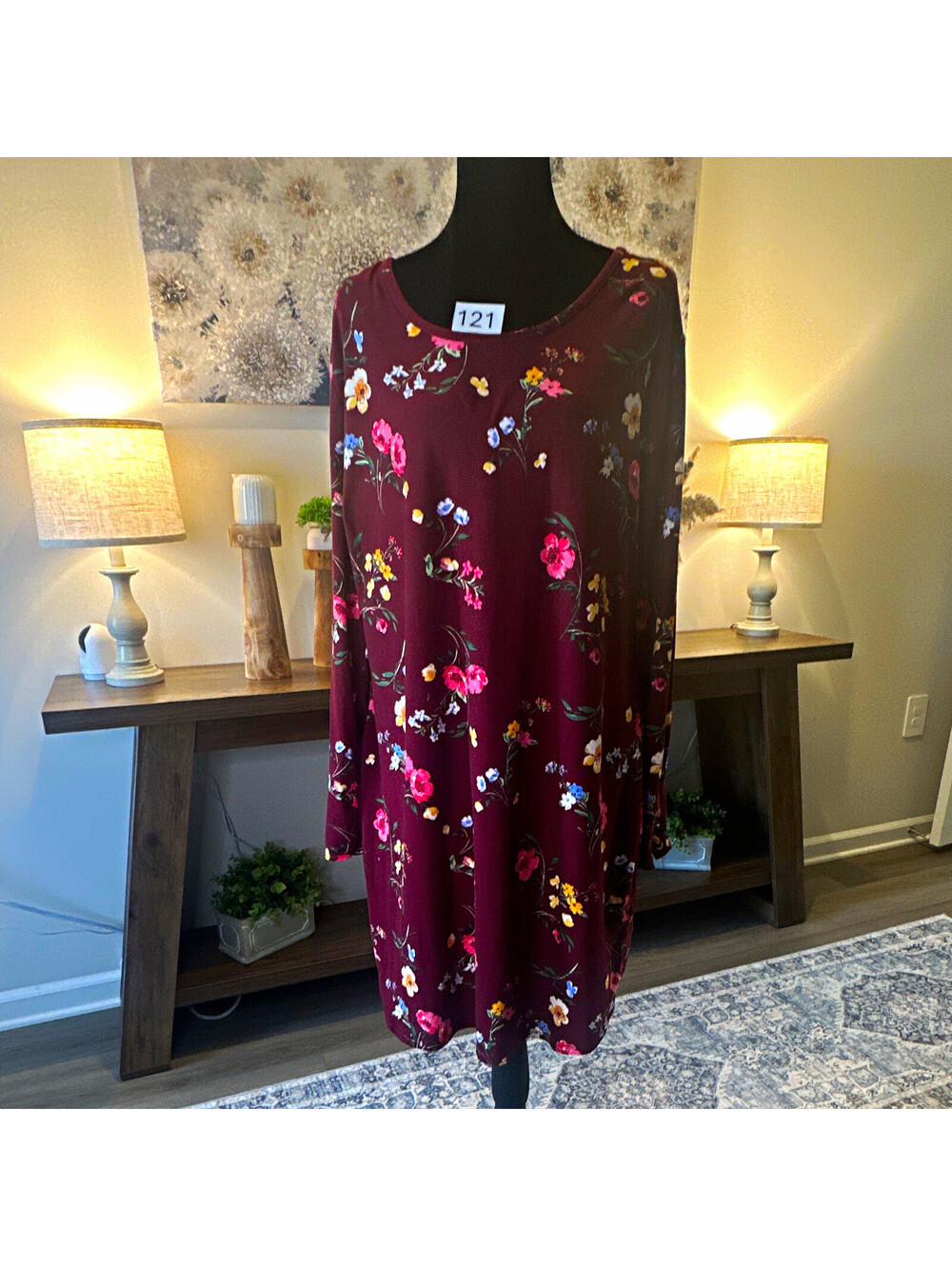 No Boundaries Burgundy Floral Knit Stretch Shift Dress Long Sleeve 3X (21)